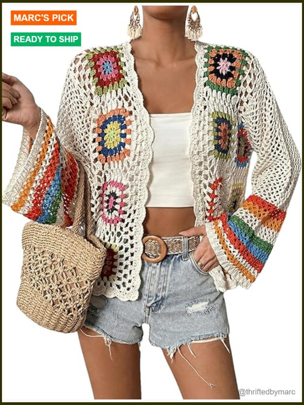 Floral Crochet Cardigan Sweater Boho Hollow Out Open Front Long Sleeve Retro
